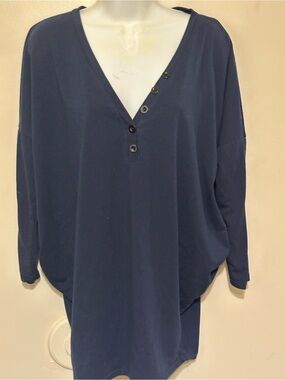 Allegra K Navy Button‑Front Tunic Top – Long Sleeve Stretch Shirt